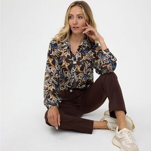 ESQUALO Paisley Floral Button Down Boho Semi Sheer Blouse Long Sleeve Top Medium
